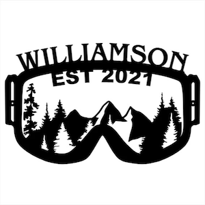 Ski Goggles Mountain Wall Art, Custom Metal Name Sign