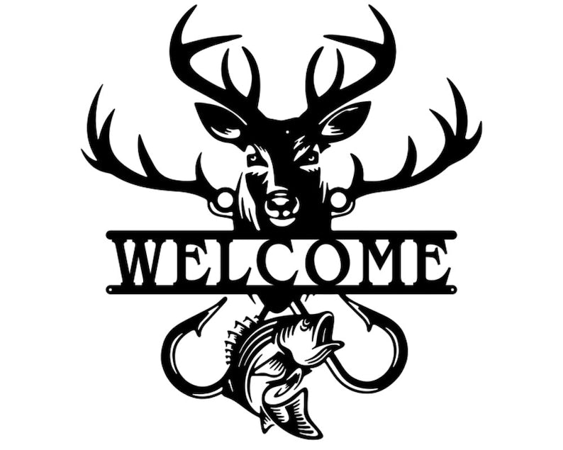Welcome Sign Metal Wall Art, Split Deer And Fish Metal Wall Sign