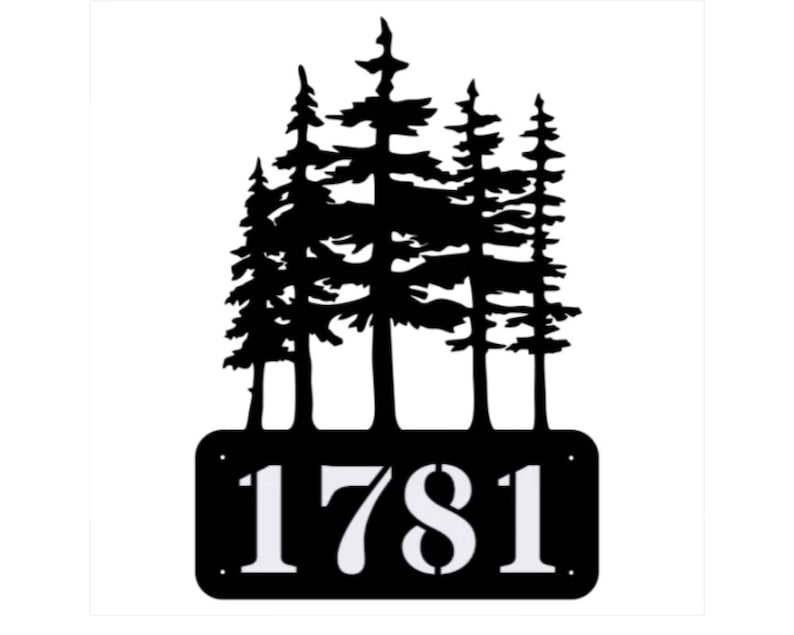 Pine Trees Metal Address Sign, House Numbers Metal Wall Art