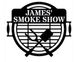 BBQ Sign Metal Wall Art, James' Smoke Show Metal Name Sign, Laser Cut Metal Sign Western Decor, Outdoor Wall Decor, Metal Shop Sign