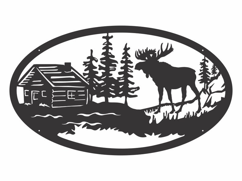 Moose with Cabin Metal Wall Art, Outdoor Metal Sign Tree Artwork