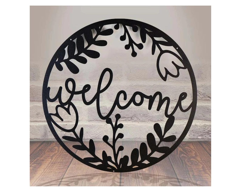 Floral Metal Welcome Sign, Welcome Round Sign Outdoor Decor