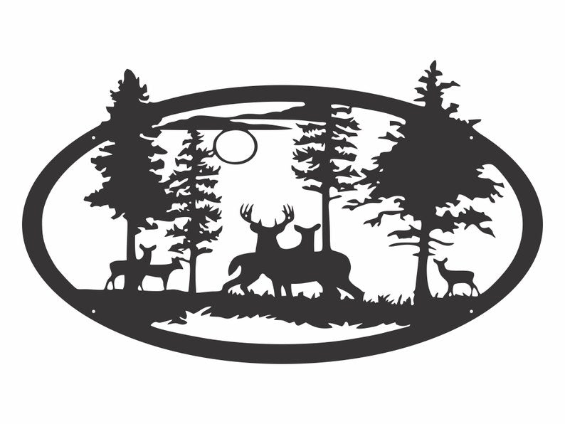 Deer Family with Wild Turkeys Metal Wall Art, Turkey Decor Trees Wall Art