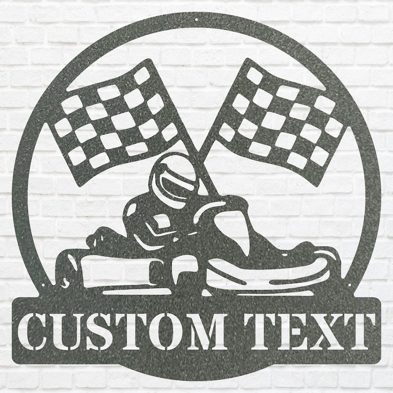 Go Kart Racing Metal Sign, Round Black Metal Wall Art
