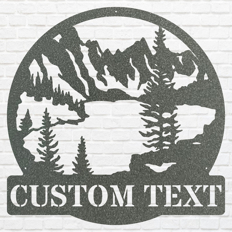 Mountain Lake Sign Custom Metal Wall Art, Mountain Metal Art