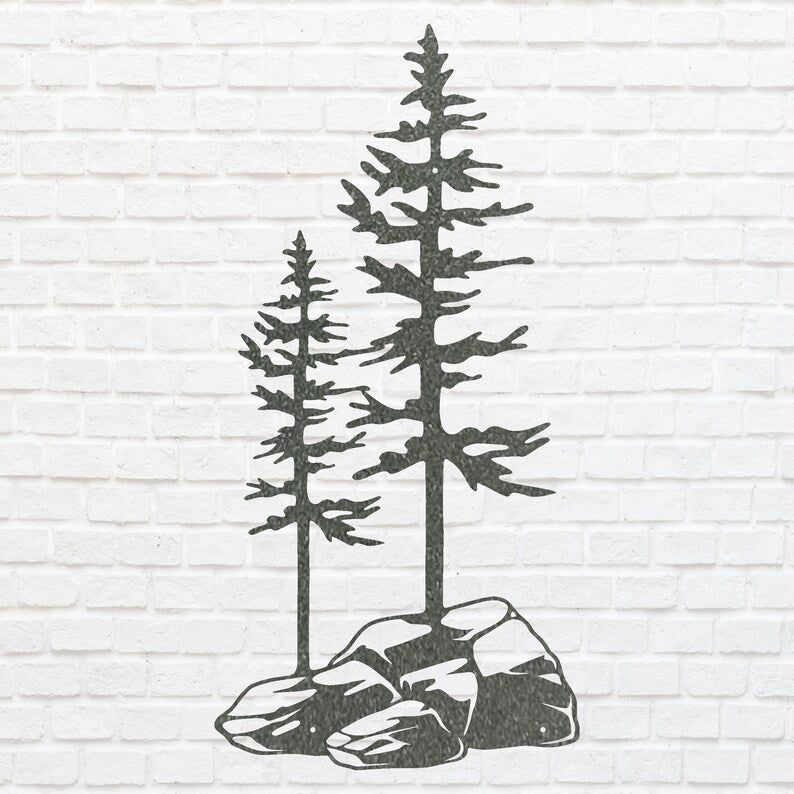 Two Pine Trees on a Rock, Metal Wall Unique Home Decor, Nature Lover Gift