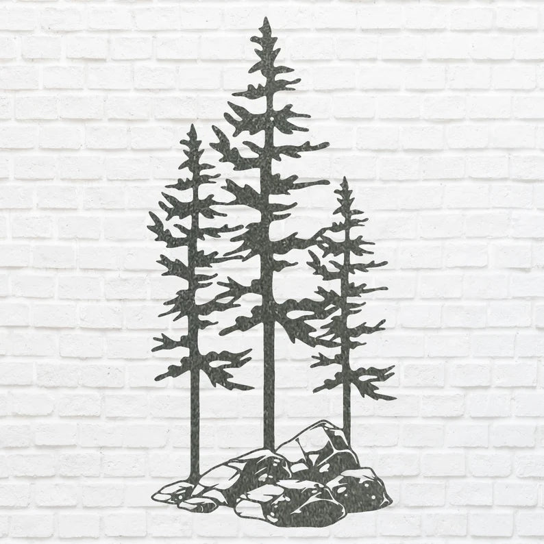 Metal Pine Trees Wall Art, Three Pine Trees On A Rock Metal Art, Metal Wall Unique Home Decor, Nature Lover Gift