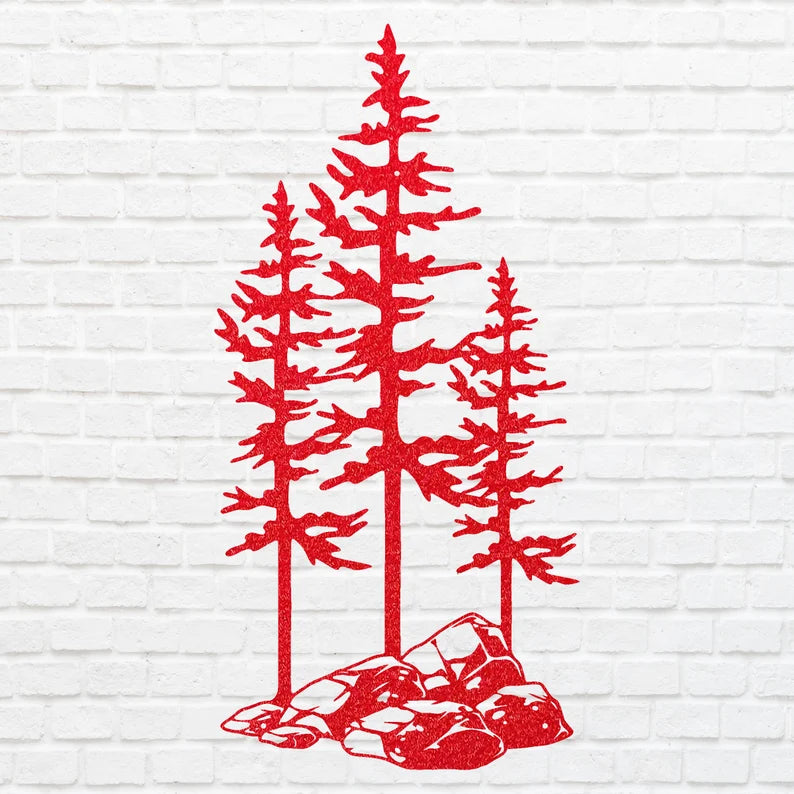 Metal Pine Trees Wall Art, Three Pine Trees On A Rock Metal Art, Metal Wall Unique Home Decor, Nature Lover Gift