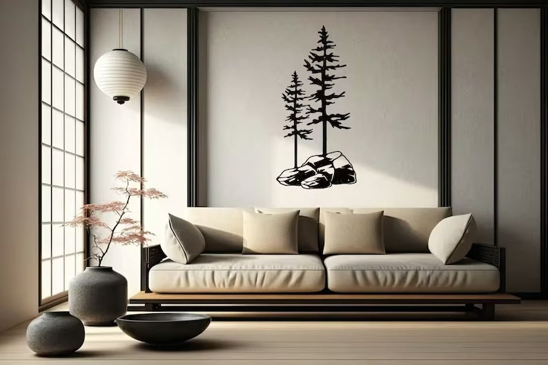Two Pine Trees on a Rock, Metal Wall Unique Home Decor, Nature Lover Gift
