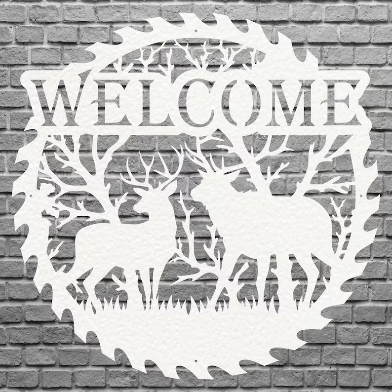 Deer Welcome Metal Sign, Deer Family Round Metal Wall Art, Laser Cut Metal Wall Sign, Welcome Artwork Front Door Decor