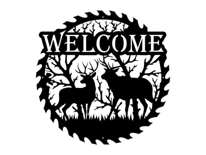 Deer Welcome Metal Sign, Deer Family Round Metal Wall Art, Laser Cut Metal Wall Sign, Welcome Artwork Front Door Decor
