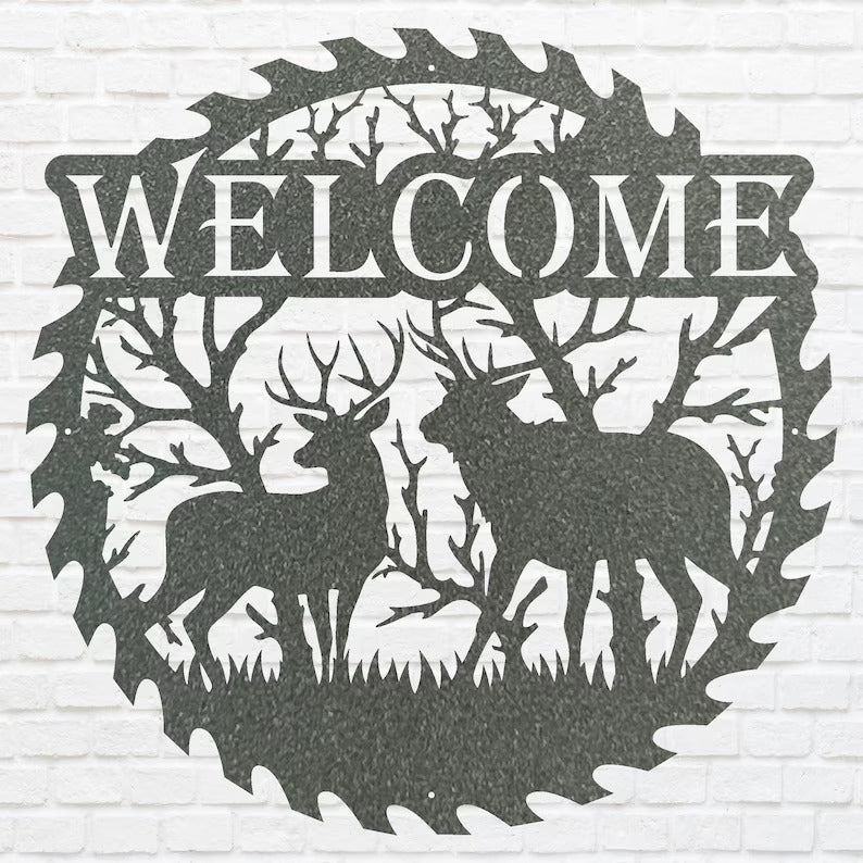 Deer Welcome Metal Sign, Deer Family Round Metal Wall Art, Laser Cut Metal Wall Sign, Welcome Artwork Front Door Decor