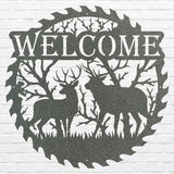Deer Welcome Metal Sign, Deer Family Round Metal Wall Art, Laser Cut Metal Wall Sign, Welcome Artwork Front Door Decor