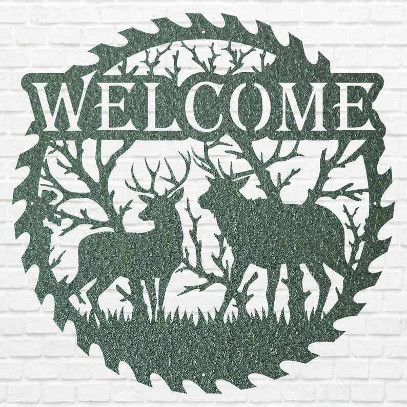 Deer Welcome Metal Sign, Deer Family Round Metal Wall Art, Laser Cut Metal Wall Sign, Welcome Artwork Front Door Decor