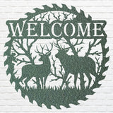 Deer Welcome Metal Sign, Deer Family Round Metal Wall Art, Laser Cut Metal Wall Sign, Welcome Artwork Front Door Decor