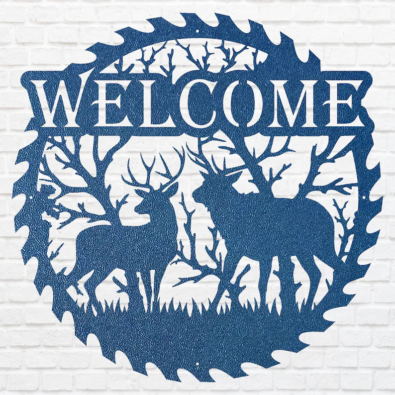 Deer Welcome Metal Sign, Deer Family Round Metal Wall Art, Laser Cut Metal Wall Sign, Welcome Artwork Front Door Decor
