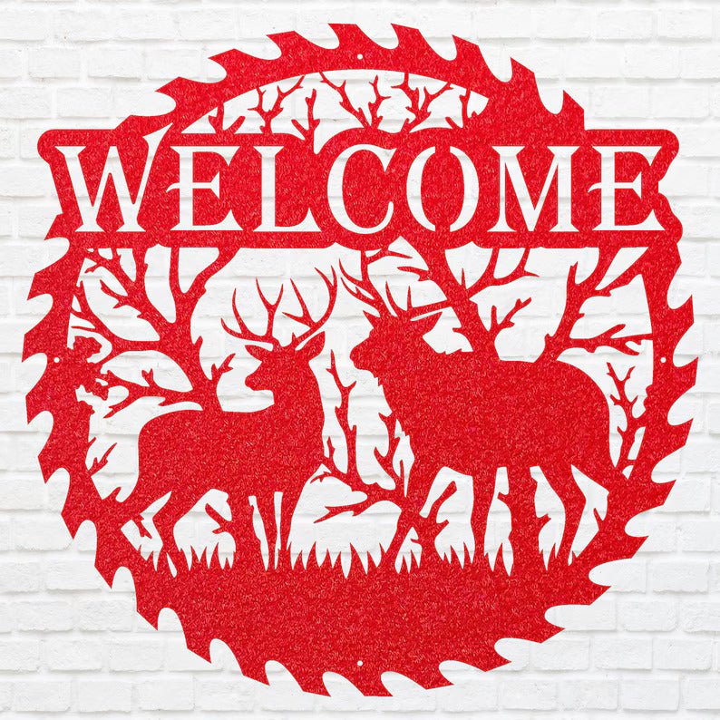 Deer Welcome Metal Sign, Deer Family Round Metal Wall Art, Laser Cut Metal Wall Sign, Welcome Artwork Front Door Decor