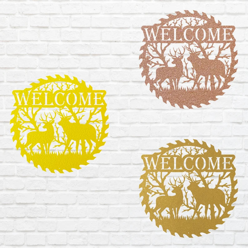 Deer Welcome Metal Sign, Deer Family Round Metal Wall Art, Laser Cut Metal Wall Sign, Welcome Artwork Front Door Decor
