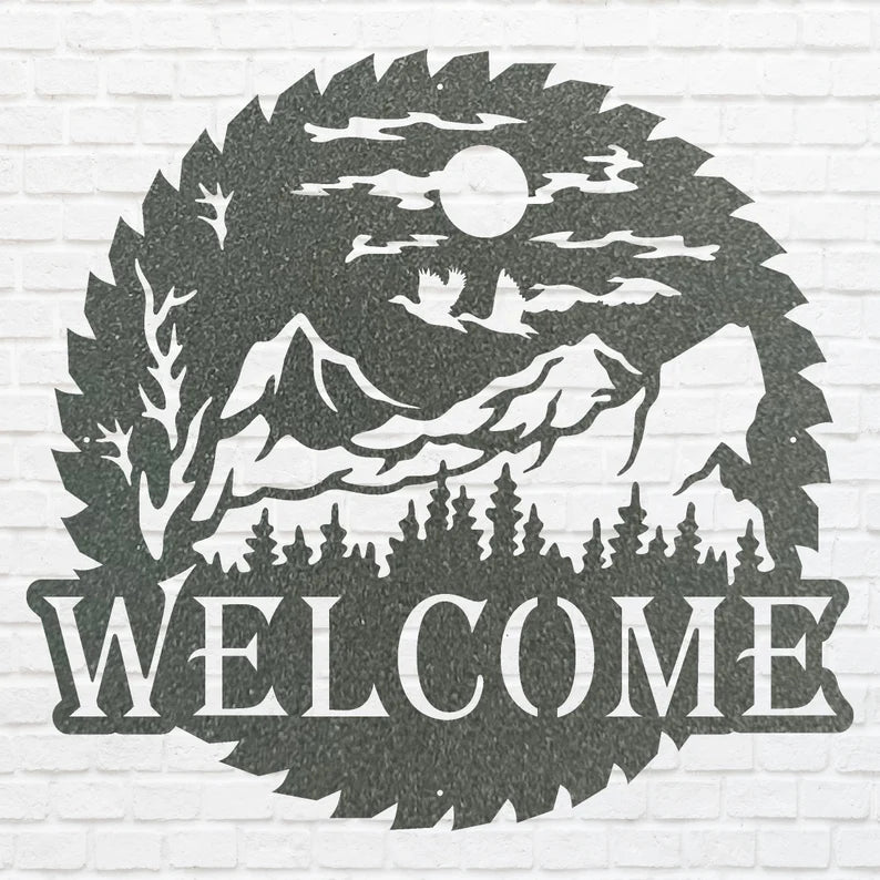Welcome Metal Sign, Wilderness Welcome Sawblade Metal Art, Laser Cut Welcome Sign, Metal Artwork Garden Decor, Home Decor Sign