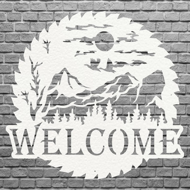 Welcome Metal Sign, Wilderness Welcome Sawblade Metal Art, Laser Cut Welcome Sign, Metal Artwork Garden Decor, Home Decor Sign