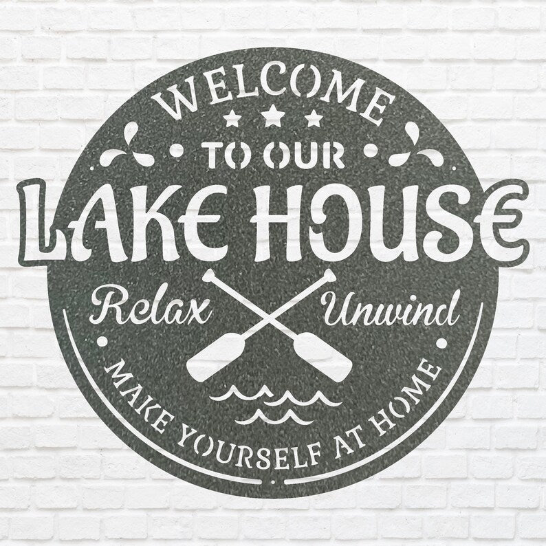 Welcome To Lake House Metal Wall Art, Laser Cut Metal Address Sign, Lake Front Home Sign, Metal Coastal Decor, Beach Wall Art